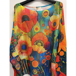 L36 Loowie Multicolor Abstract Floral Round Neck Printed Knit Sweater One Size